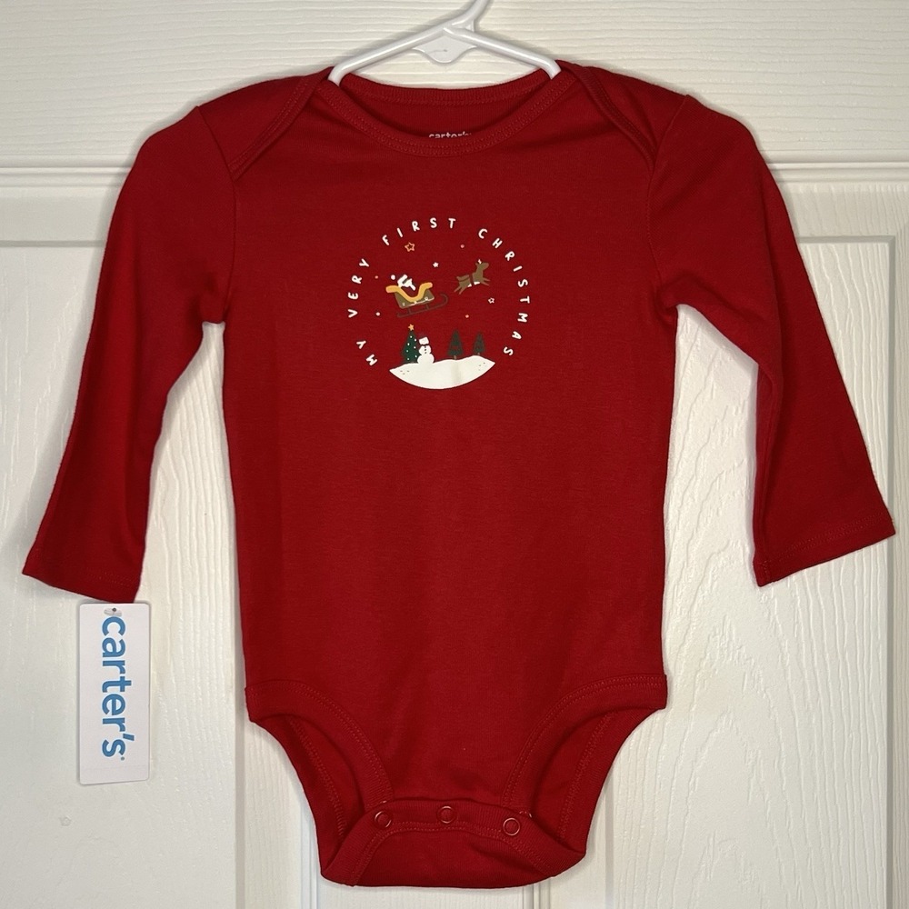 Carter's Bodysuit Baby Unisex 6M Red New My Very First Christmas Long Sleeve